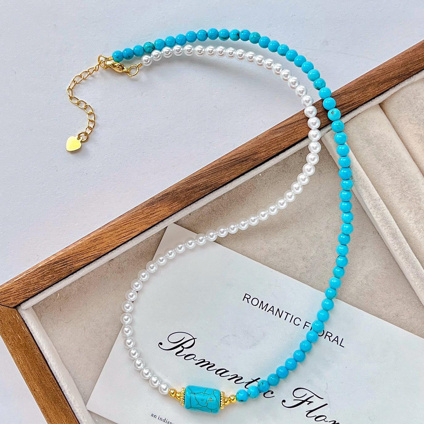 High-Gloss High-Quality Faux Crystal Pearl Turquoise Design Clavicle Chain Necklace