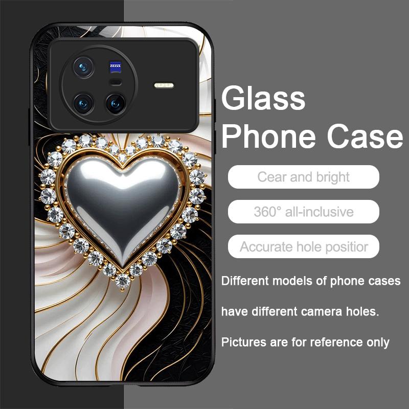 Stylish Black White Heart with Pearls Tempered Glass Phone Case for OPPO Reno 13F 12 11 10 ProPlus Find X8 X3 Lite A58 A94 Cover