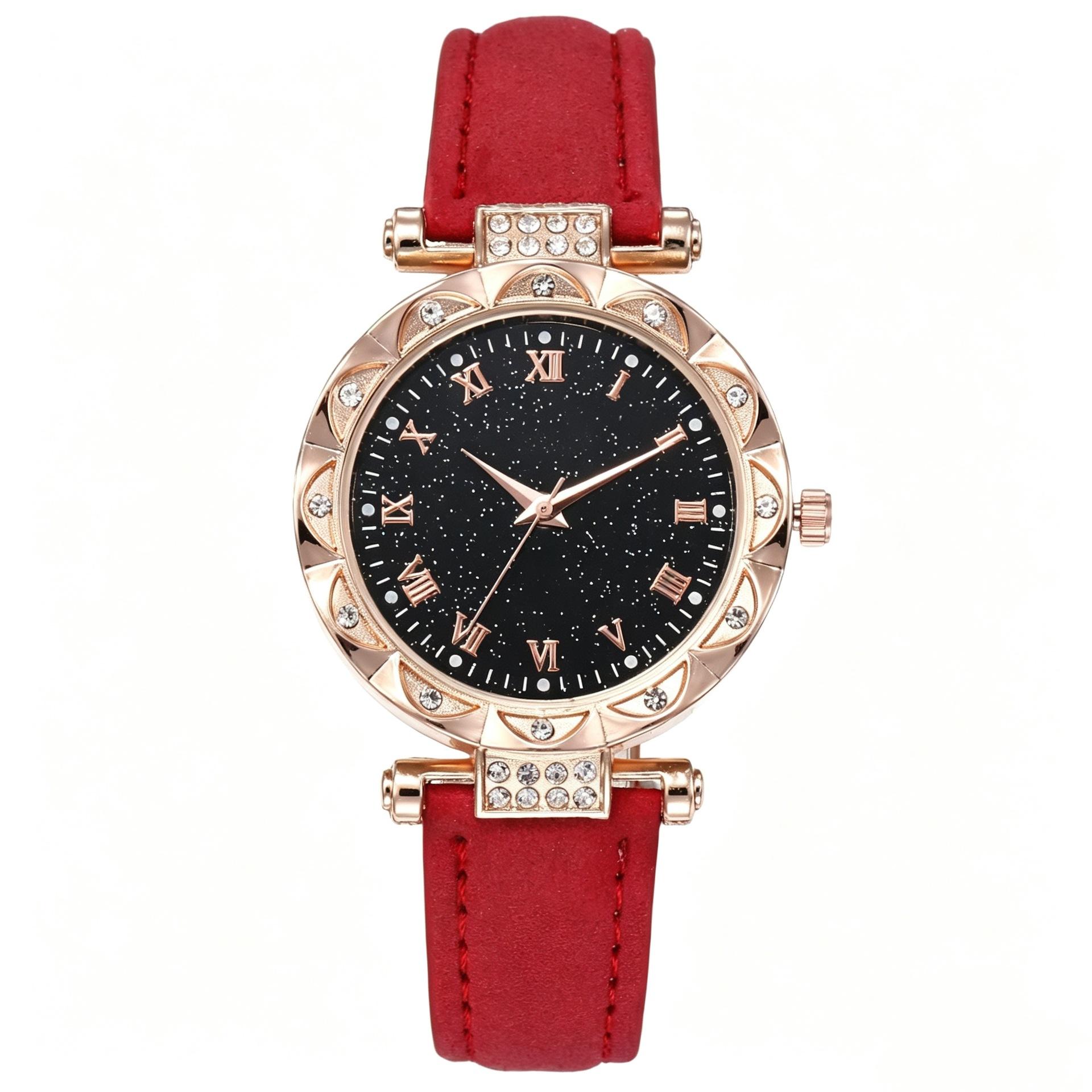 Ladies Light Luxury Diamond Starry Sky Roman Face Quartz Watch Belt Women S Watch Fashion Roman Numeral Watch красный