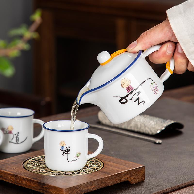 Household Tea Cup Set, White Porcelain, Kung Fu Tea Set, Ceramic Teapot with Handle, Zen Inspired Cartoon, 1 Pot, 6 Cups
