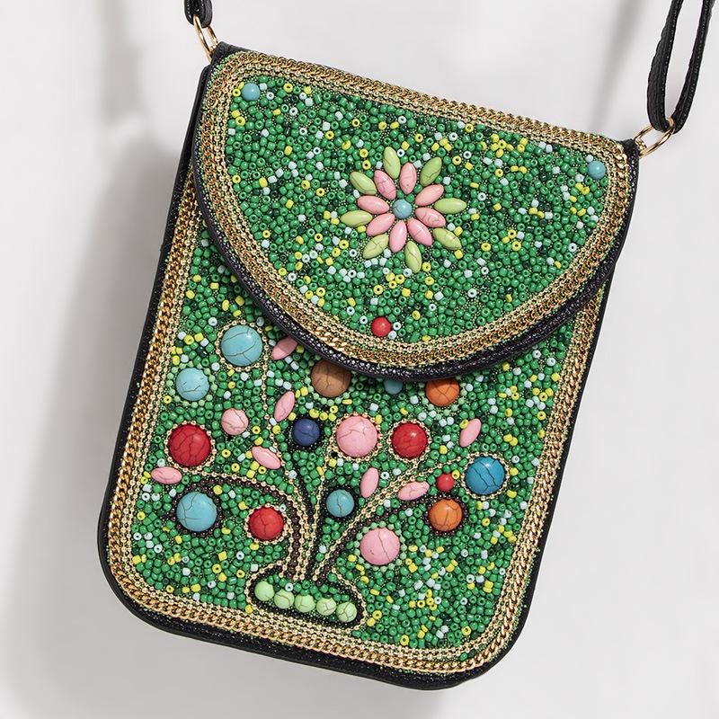Exquisite Bohemian Style Crossbody Bag with Rice Beads, Shells, and Flowers