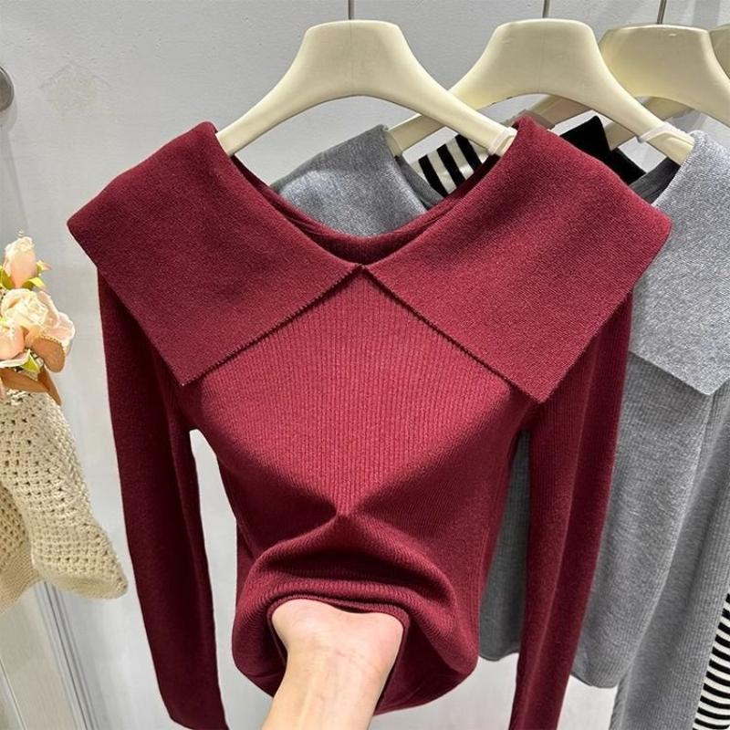 

Модный полосатый свитер с лацканами, новый дизайн для женской осени и зимы, с молодежным и стильным базовым топом One size красный