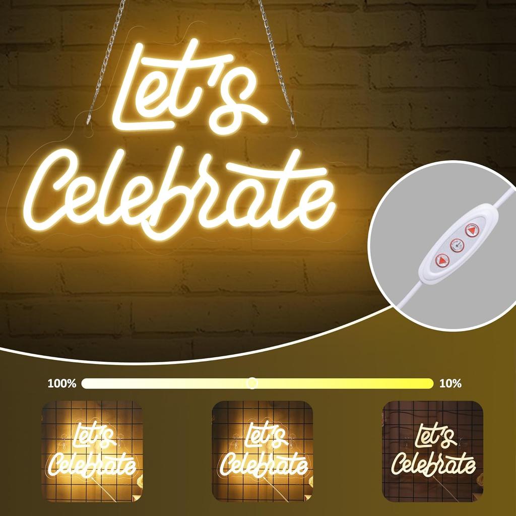 Let’s Celebrate Neon Sign, Dimmable LED Light for Wall Decor, USB Powered, Aesthetic Decoration for Home, Bar, Bistro, Club, Party Birthday Wedding