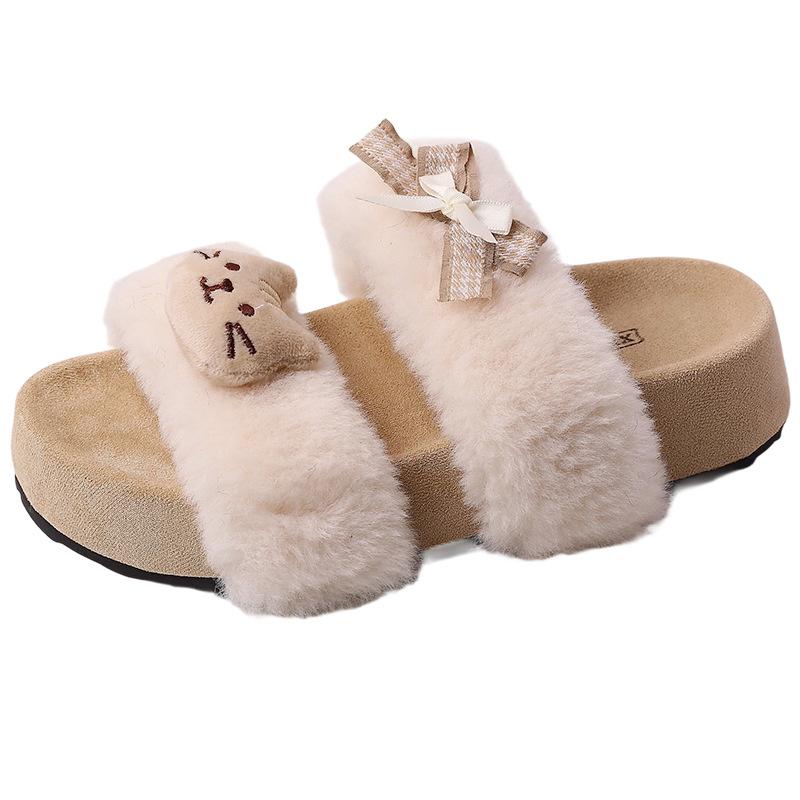 Soft Cute Suede One-word Fluffy Shoes for Women To Wear Autumn and Winter New Fashion Casual Thick-soled Cotton Slippers