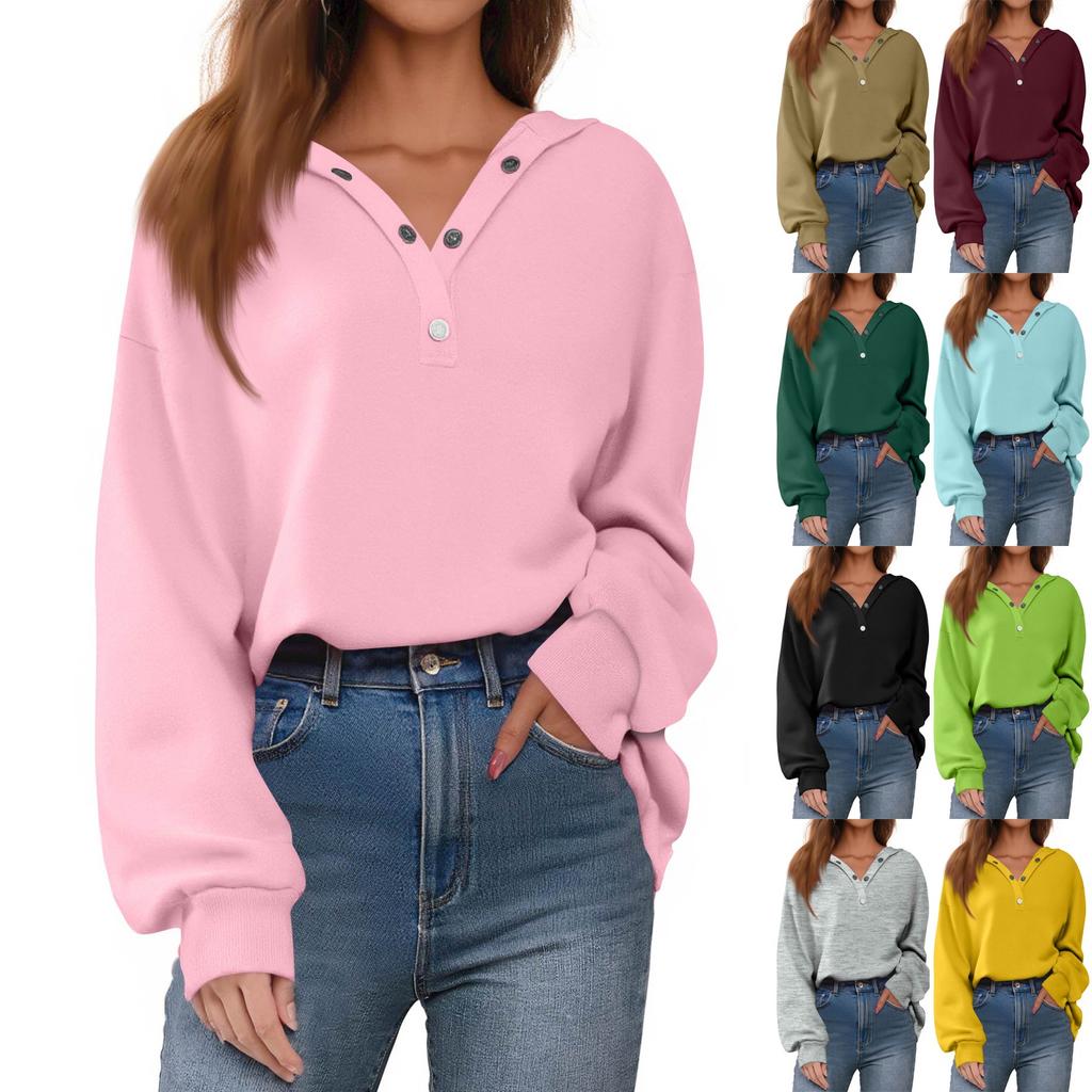 Women's Button Solid Color Pullover Tops Casual Long Sleeve Sweatshirts