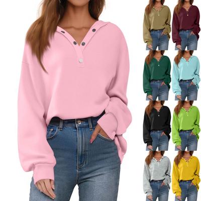 Women's Button Solid Color Pullover Tops Casual Long Sleeve Sweatshirts