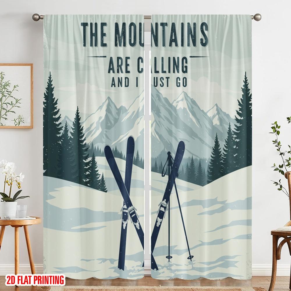 2pcs 2D Flat Printing Window Treatment Curtains Mountain Skiing Snow Adventure Polyester Without Electricity 0 Perfect for