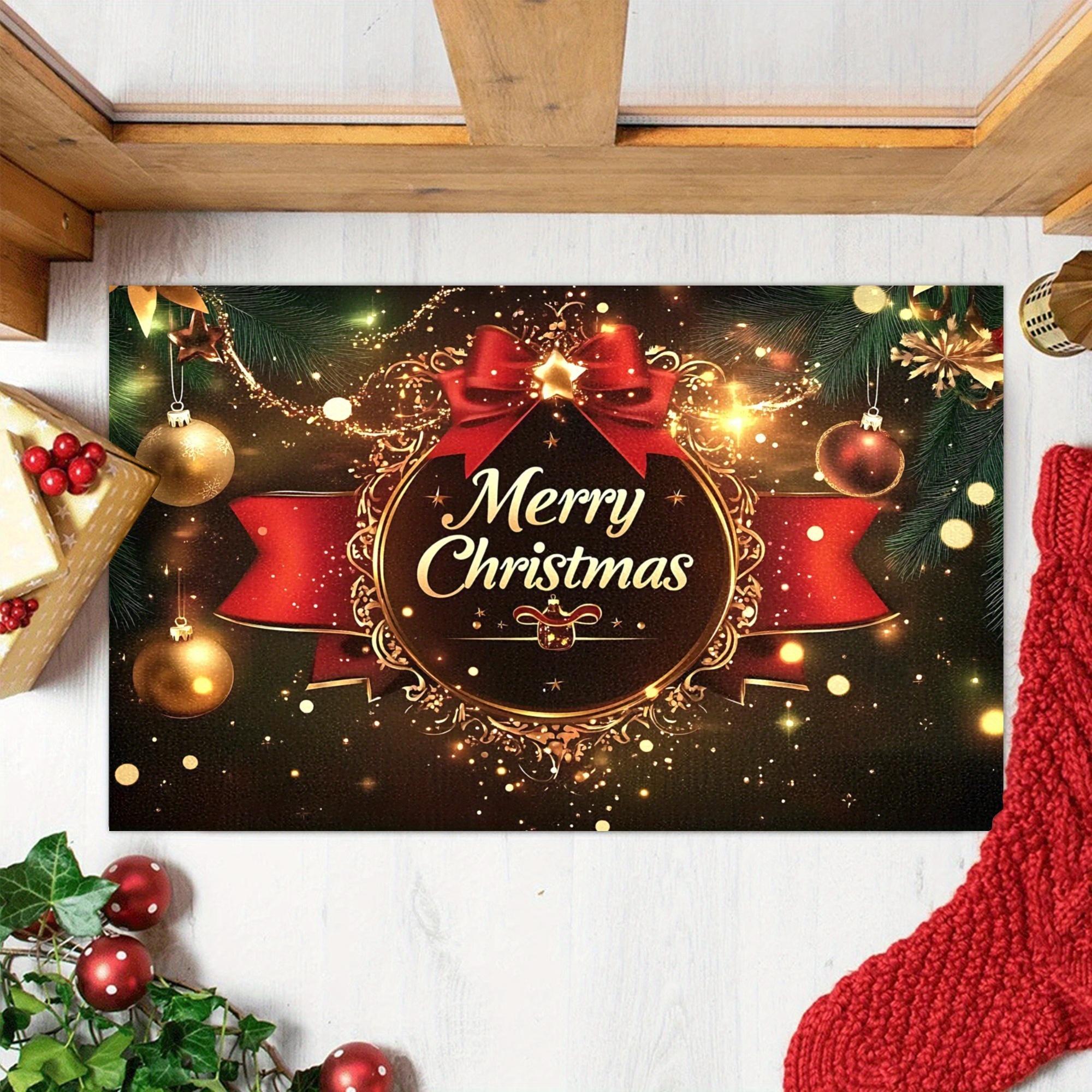 

Golden Merry Christmas Doormat, Red Bow Holiday Welcome Rug with Berry Decor, Non-Slip Front Door Mat for Festive Entryway 50x80cm