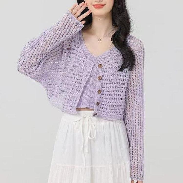 Long-sleeved Hollow Suspenders Two-piece Knitted Sweater Spring and Summer New High-end Blouse Versatile Pure Desire Top Coat