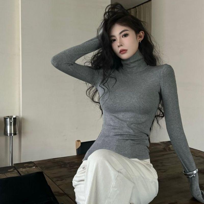 Black with High Collar Autumn and Winter Sexy Slim Fit Long-Sleeved T-shirt