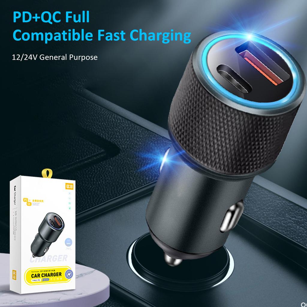 Efficient Car Charging Solution Double Port Car Charger PD20W Type C QC3.0 USB Charging Head for Phones Tablets Laptops