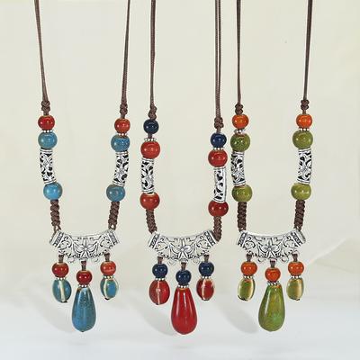 Water Drop-shaped Ceramic Pendant Necklace Female, Bohemian Retro Long Fringed Sweater Chain Accessories Gift
