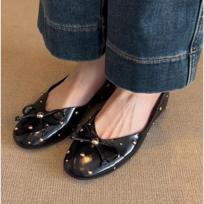 Round Toe Ballet Flats Shoes for Women with Bow 2025 Burgundy Wine White Black