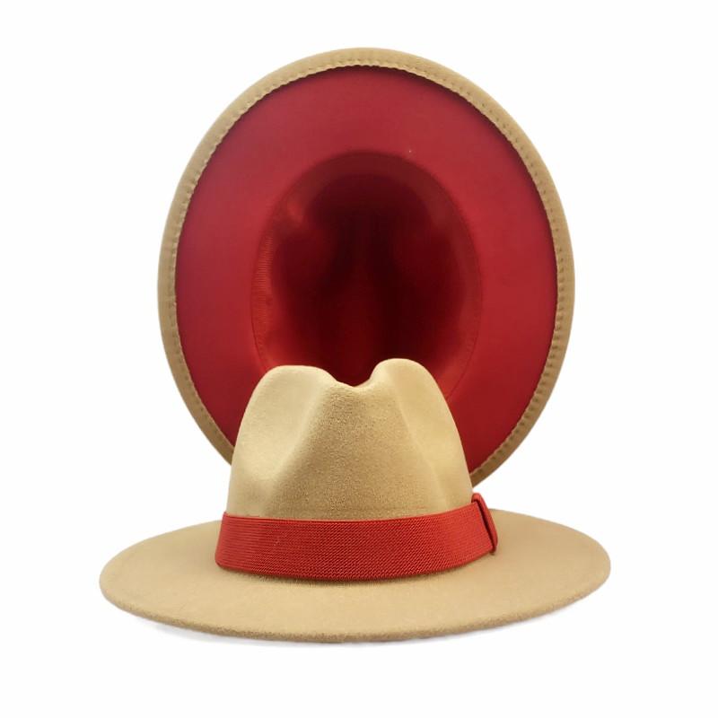 

White Patchwork Wide Brim Fedora Hats for Women Classic Two Tone Felt Fedora Hats for Men Fashion Cowboy Jazz Hat Brown Belt 56-58CM