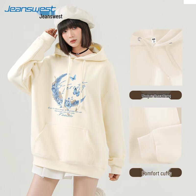 JEANSWEST Women's Feather Moon Print Loose Hooded Sweatshirt