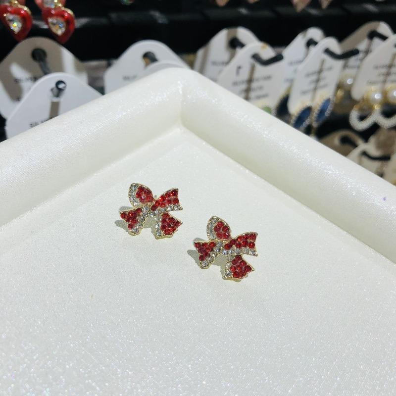 New Style Temperament Red Color Christmas Bow Stud Earrings for Women Rhinestone Bowknot Red Ball Earring Girls Party Jewelry