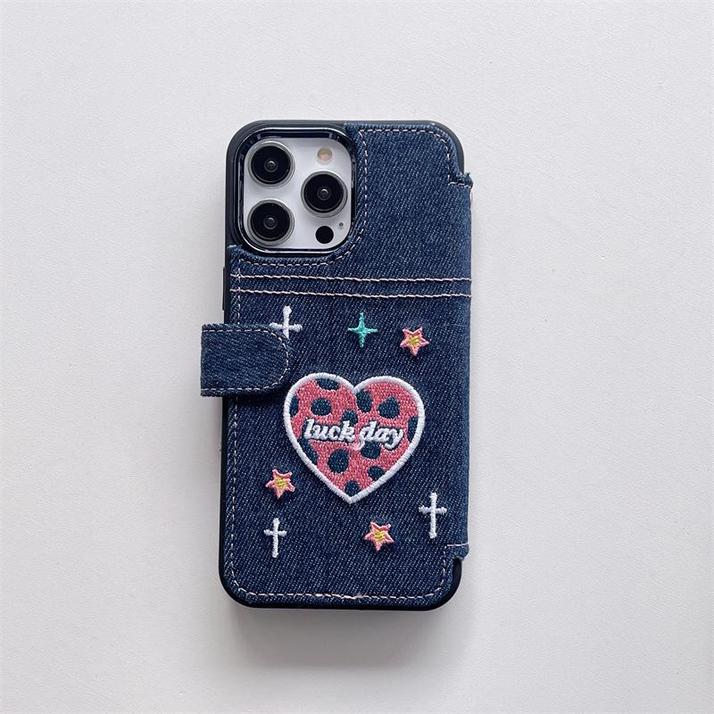 Apple 17promax denim flip phone case iphone16 lanyard love 15 for 14 embroidered protective case