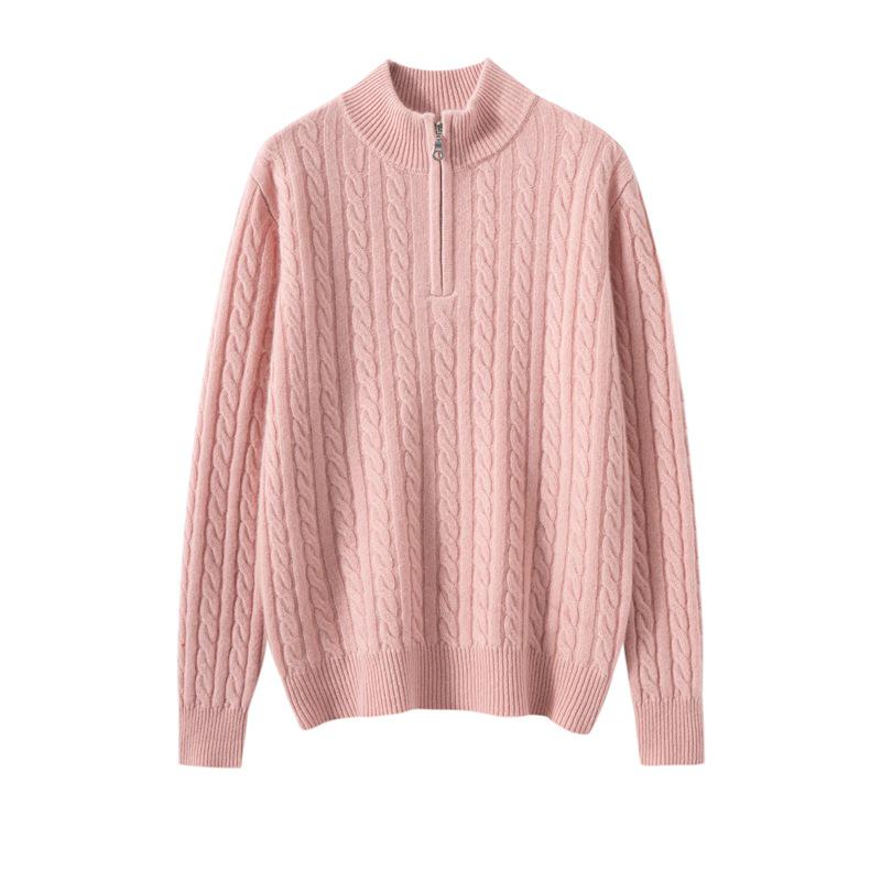 Women's 100% Pure Cashmere Half-Zip Cable Knit Sweater, Versatile & Casual