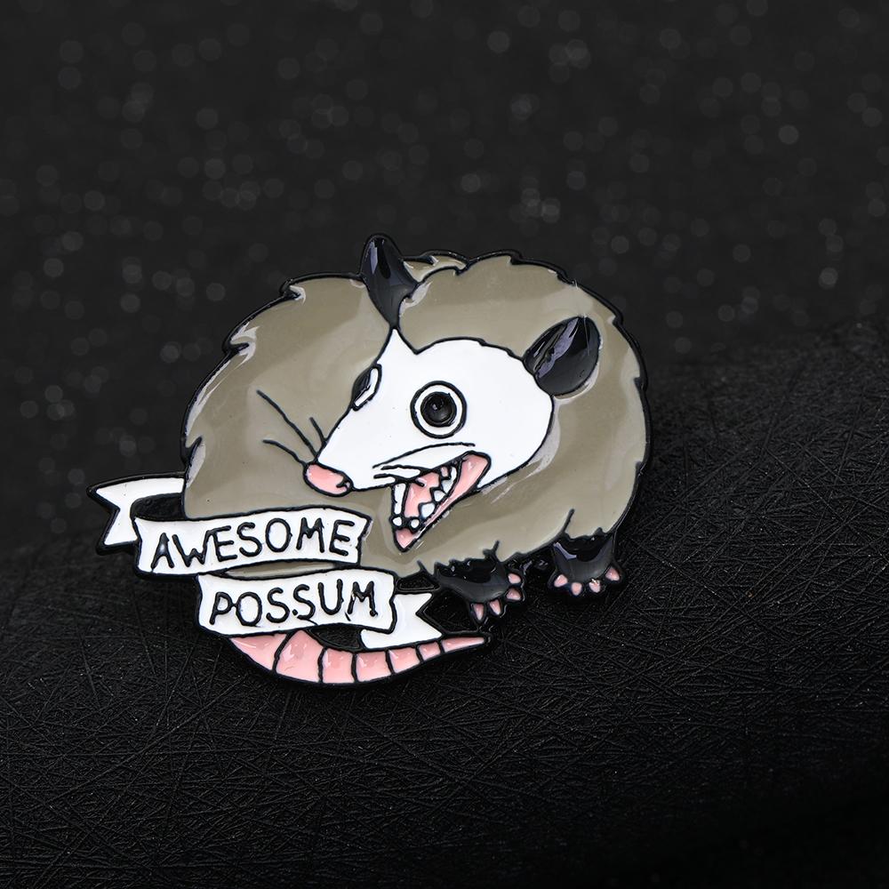 Funny Awesome Possum Shaped Brooches Grey Enamel Fierce Opossum Pins Animal Badge