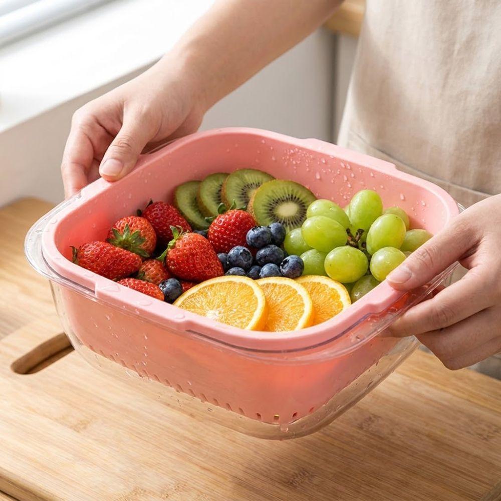 Dual Layer Fruit Water-Filtering Bowl Large Capacity with Strainer Fruit Serving Plate with Lid Plastic Fruit Bowl with Fork
