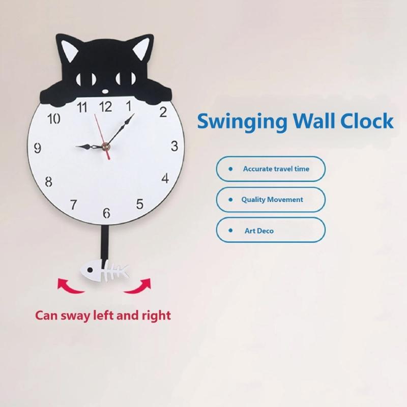 Quiet Movement Acrylic Pendulum Wall Clock with Funny Cats Fish Design Arabic Numerals for Living Room Bedroom Decors
