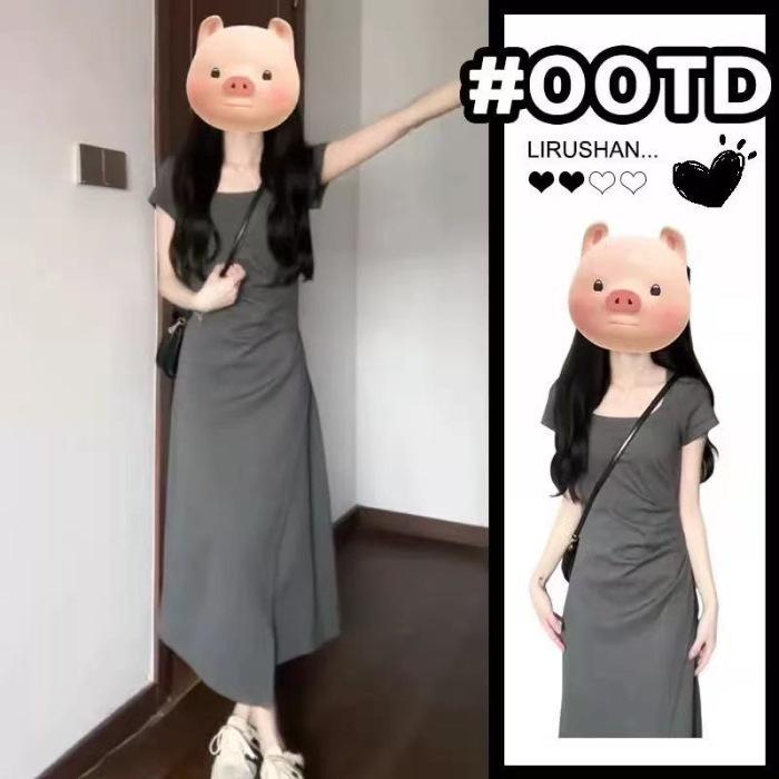 Coffee break French square collar gray dress women's small summer design sense niche slim and thin temperament long dress