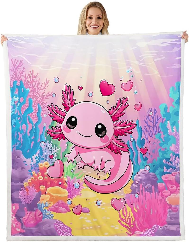 Cute Pink Axolotl Blanket Soft Fleece Throw Cherry Blossom Design Fantasy Art Kids Room Decor