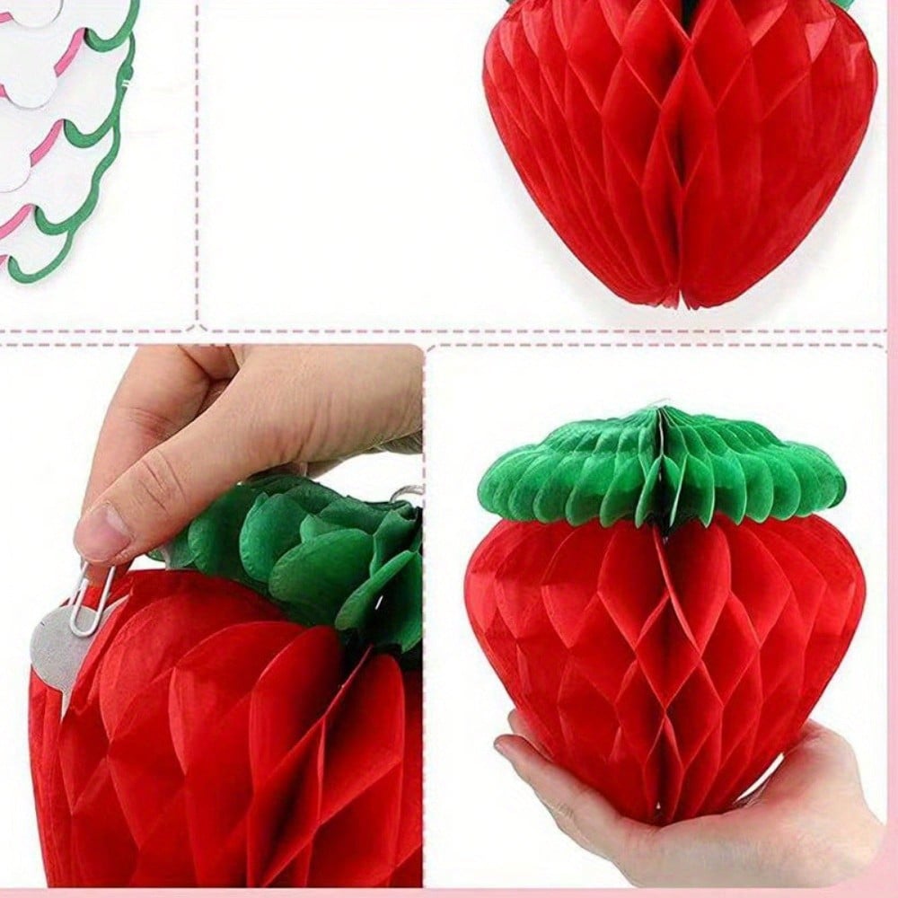22pcs Strawberry Tissue Pom Poms - Red, Pink, White Decorations Set with Green Leaves, Perfect for 1st Birthday Decorations