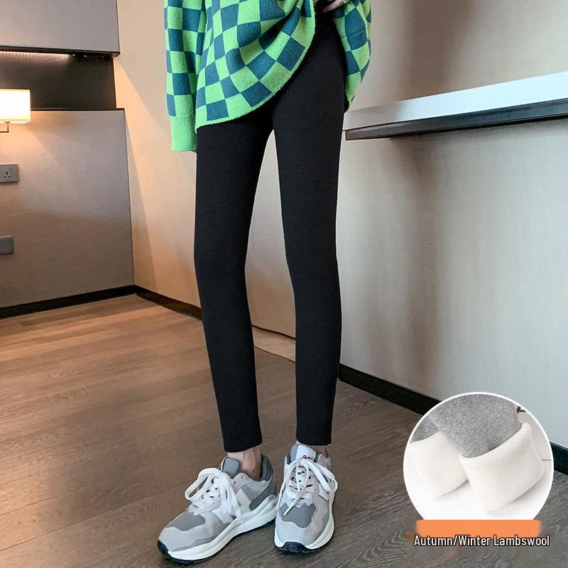 Verdickte Lammwolle Leggings für Damen, Hoher Bund, Bestickter Bund, Fleecegefüttert, Vertikale Streifen, Warme Herbst-/Winterhose.