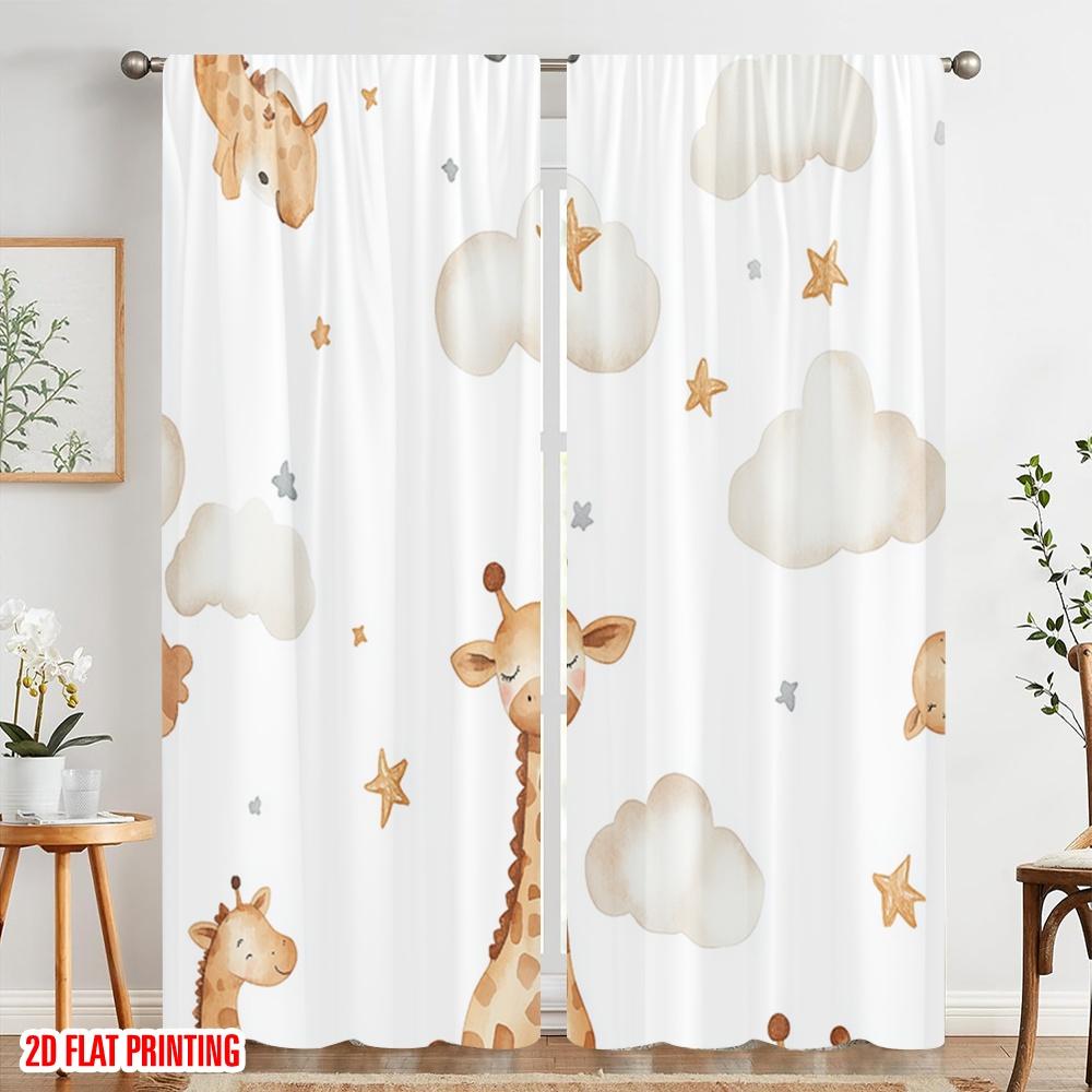 2pcs,2D Plane Printing Curtains Digital Printed Cute Giraffe Constellation Star Cloud Versatile Durable Polyester (without Rod)