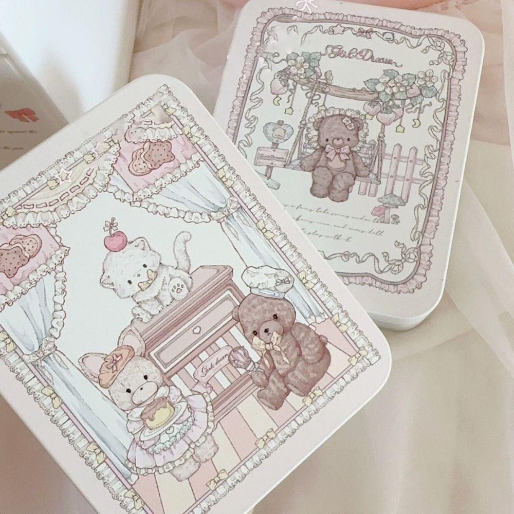 Cute Cartoon Bear Iron Storage Box Rectangular Stickers Tapes Square Box Big Capacity Stationery Office Supplies Kpop Photocards