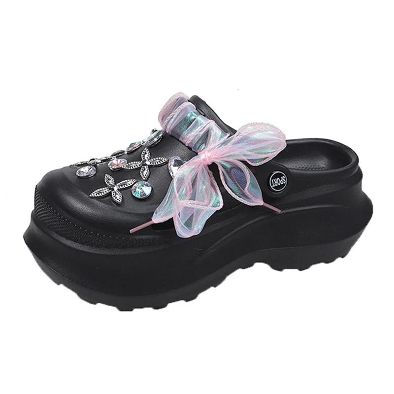 Fashion Luxury Rhinestone Chunky Sandals Women Laser Ribbon Platform Clogs Slippers Woman 2025 Summer Thick Bottom Garden Shoes Female