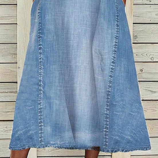 Denim Dress V-neck Sleeveless Casual Loose Hem Mid-calf Length Dressing Up Breathable Women