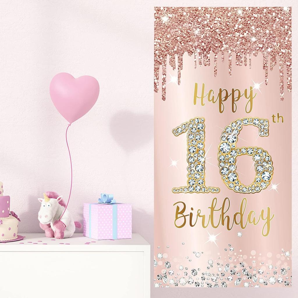 16th Birthday Door Banner Decorations for Girls, Pink Rose Gold Sweet 16 Birthday Door Cover Backdrop Party Supplies, Large Happy Sixteen Year Old