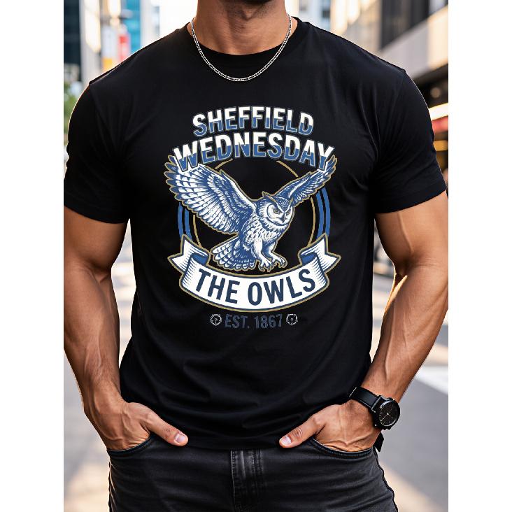 T-Shirt Uomo Sheffield Wednesday The Owls - Ufficiale con Stampa Emblema Gufo, Fondato 1867, Camicia Casual Girocollo a Maniche Corte Adatta per l'Uso Quotidiano, Fan