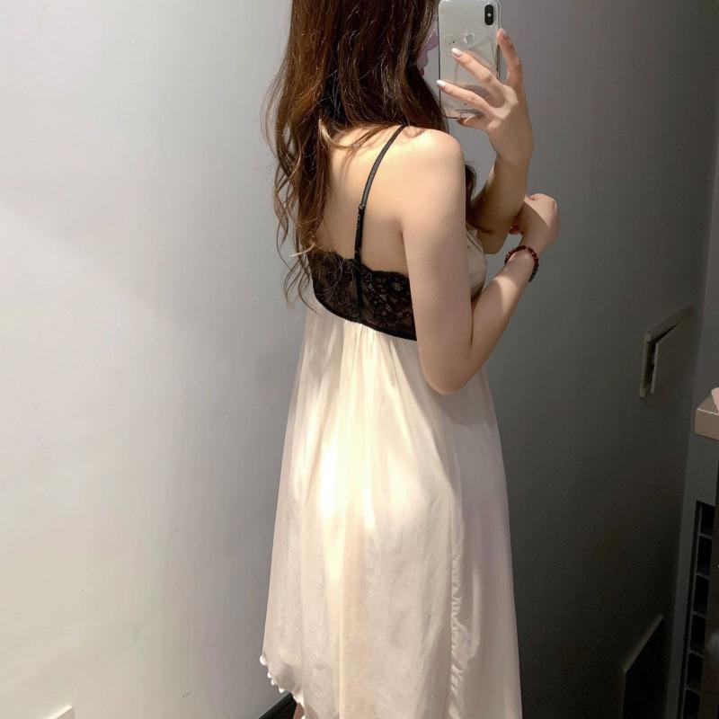 Summer new sexy suspender V-neck mesh nightdress women's sexy pure desire pajamas with chest pads loungewear