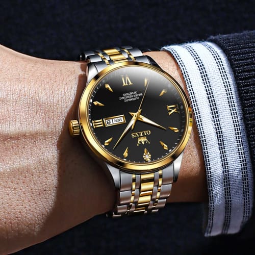 OLEVS Men's Mechanical Wristwatch, Automatic/Hand-Wound, Waterproof, Luminous, Date Display, Stainless Steel, Father's Day Gift, Black
