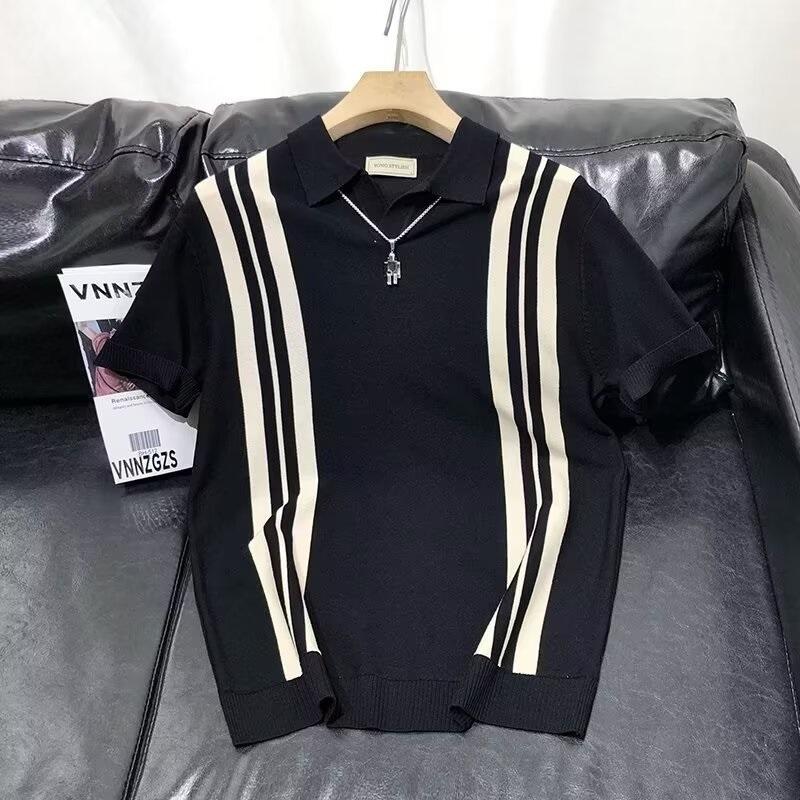 

Men s Striped Polo Shirt Short Sleeve Casual Breathable Ice Silk Knit T-Shirt For Daily Wear L чёрный