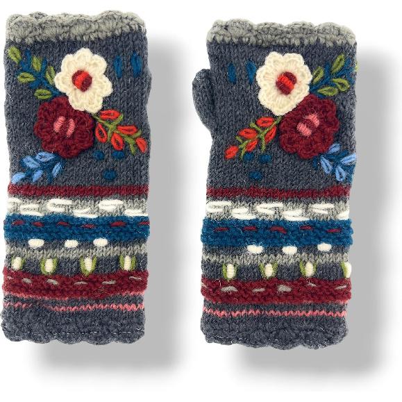 Ella Sussman Hand Knit Fingerless Embroidered 2 Flower Gloves Embroidered Wool Fleece Lined Texting Mittens Arm Warmers