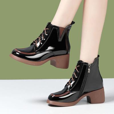 Ronde Neus Hoge Hak Enkellaarsjes Leer Vetersluiting Dames Korte Schoenen Herfst Winter Dames Enkellaarzen Mode 2025 Hete Laars in de Aanbieding