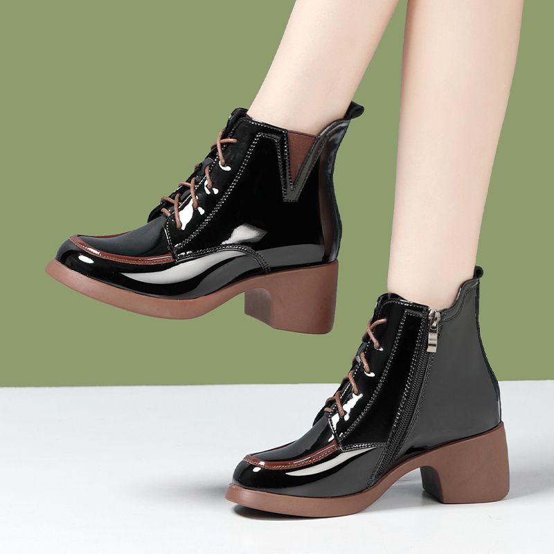 

Fashion Round Toe Heeled Booties Leather Lace-up Female Short Shoes Autumn Winter Women s Ankle Boots Fashion 2025 Hot Boot on Promotion 35
