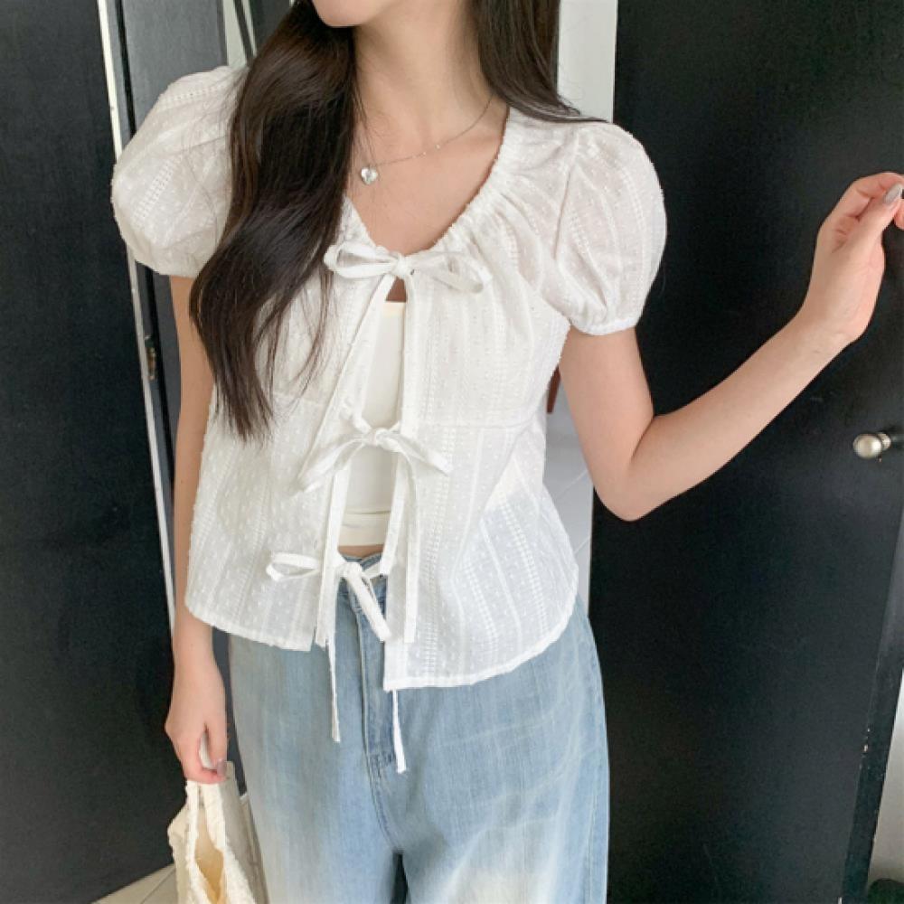 New Arrivals Open Run Women Cotton Solid Lace Ribbon Strap Short Sleeve Shirt