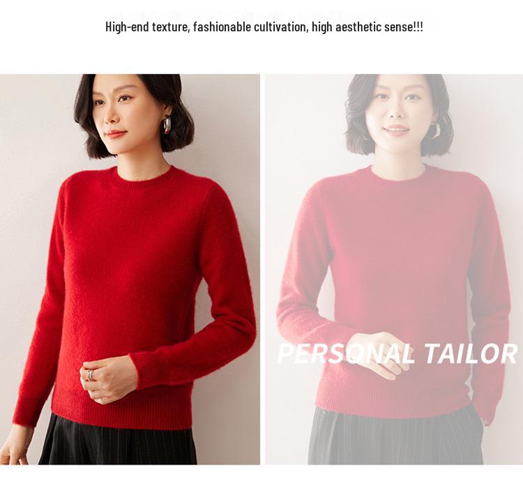 Women's Solid Color Cashmere Knit Sweater: Round Neck, Long Sleeve, Double-Ply Base Layer for Autumn & Winter.