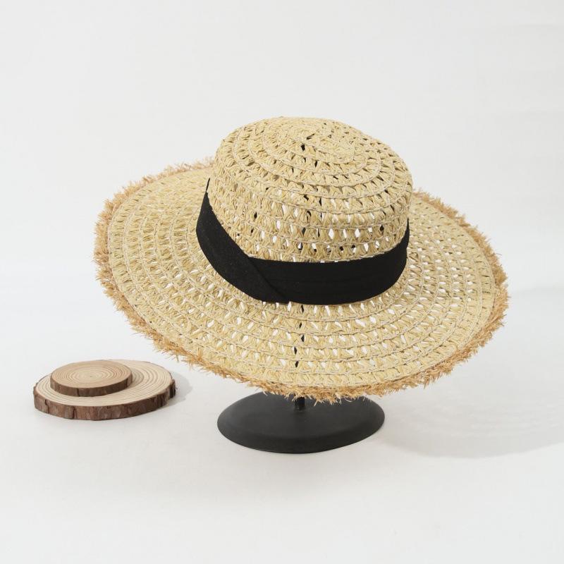 Summer new flat-top hollow straw hat three-fold with scenic beach shading burr brim imitation raffia hat