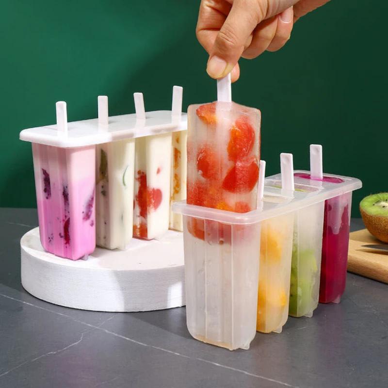 1-10PCS 4 Compartment Ice Cream Molds with Lid DIY Popsicle Maker Box Reusable Frozen Treat Mold for Kids Summer Kitchen Tool