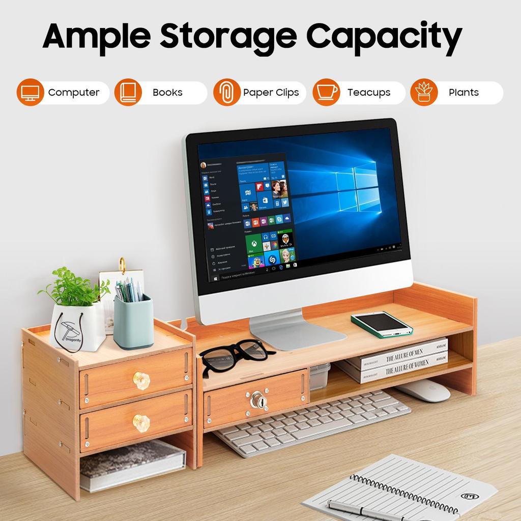 Wooden Monitor Stand with 3 Drawers, Lockable Drawer, Desk Riser Computer Monitor Stand for Office Home PC Laptop