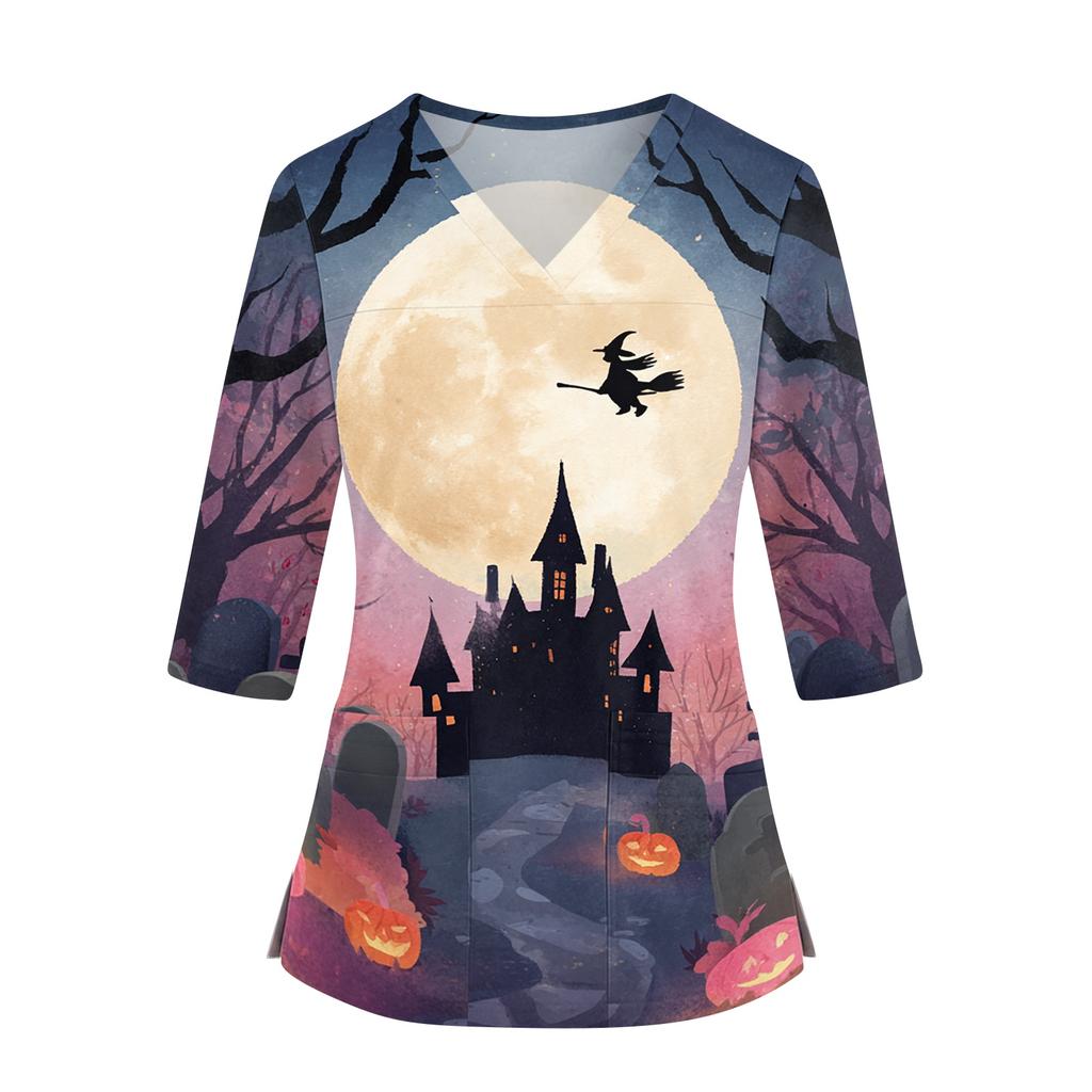 Women's Halloween Print Top V-Neck Three-Quarter Sleeve with Pockets Side Slits Costume Shirt