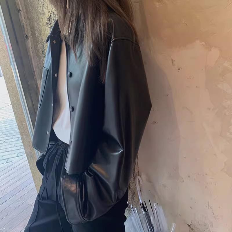Giacche Biker Moda Donna Pelle Moto Colore Solido PU Imitazione Pelle Larga Giacca Nera Cappotto Moto Autunno