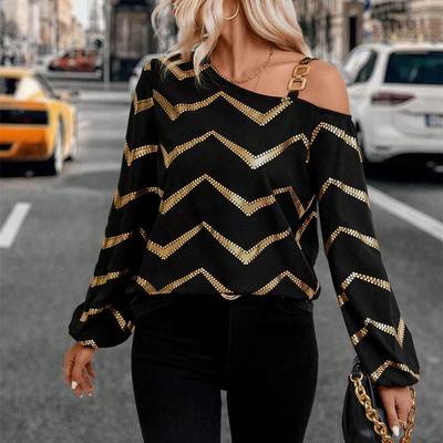 Women's Asymmetrical Collar Long Sleeve Striped T-shirt Autumn and Winter Fashion Casual Top
