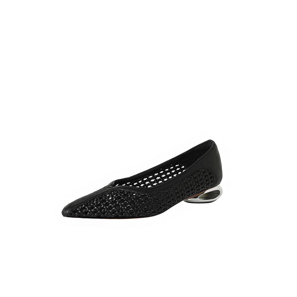 2025 New Leather French with Skirt Woven Mesh Pointed Middle Heel Hollow Breathable Single Shoes One Pedal Women's Shoes